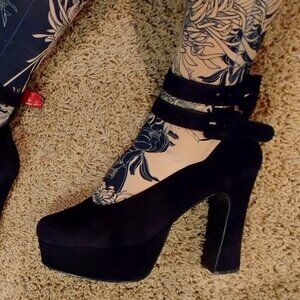 Black Suede Double Ankle Strap Platforms with red leather lining - size 9